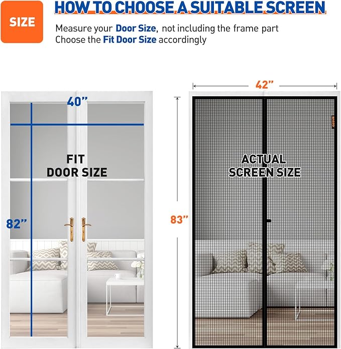 MAGZO Magnetic Screen Door Fit Door Size 40 x 82 Inch, Screen Size 42" x 83" Strong Magnet Door Mesh with Reinforced Hook & Loop for Patio Door, Front Door, Doorway, Black