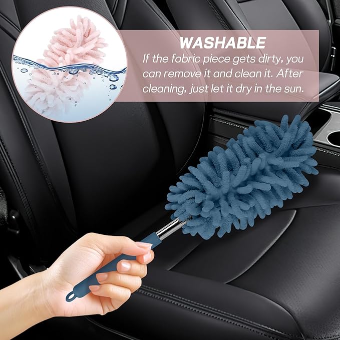2PCS Car Interior Duster with Extension Pole, Soft Chenille Microfiber Duster for Cleaning, Scratch Free & Lint-Free, Washable Cleaning Brushes for Vehicle Details, Home, Office (Blue)