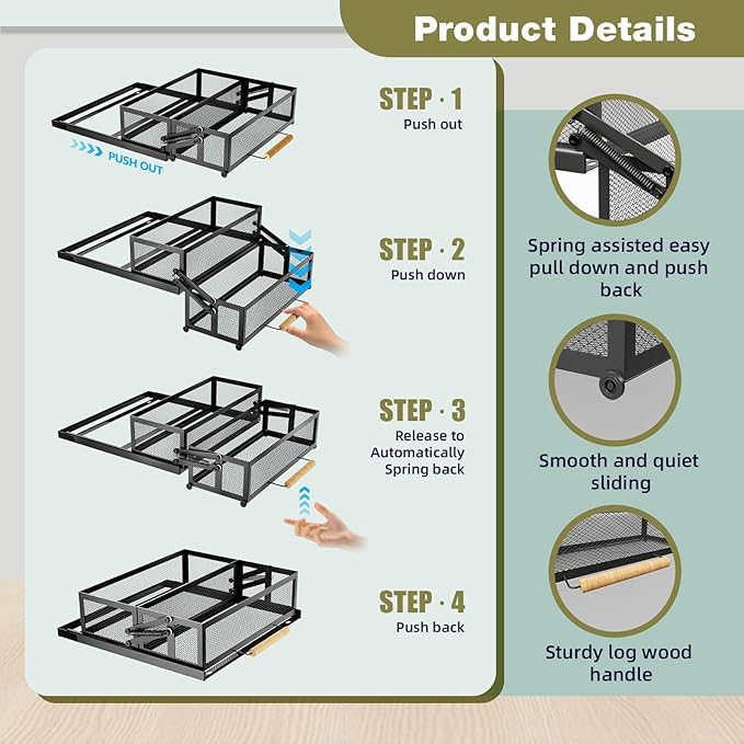HOUSE AGAIN 2 Tier Pull Out&Down Cabinet Organizer, Drop Down Spice Rack Shelf Easy Reach for Upper Kitchen Cabinet, Slide Out Storage Basket Drawer with Handle for Pantry/Cupboard/Office, 2 Fix Mode