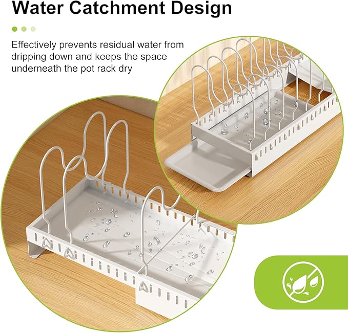 Pots and Pans Organizer Under Cabinet with Drain Board, Expandable Pot Lid Organizer inside Cabinet Holder with 10 Adjustable Compartment, Rack for Cutting Board, Sheet Pan, Cookware, White