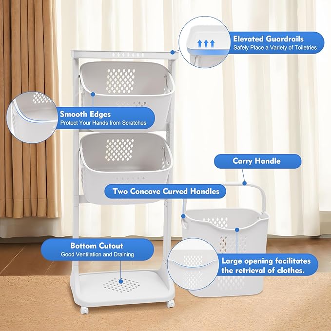 3 Tier Laundry Basket, Bathroom Laundry Basket Multi-layer Clothes Storage Basket 3 Tier Rolling Laundry Hamper with Wheels Freestanding Clothes Basket Organizer for Bathroom Living Room Bedroom