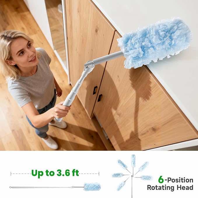 Feather Duster Kit (1 Duster + 4 Refills), 3.6 ft Extendable Telescopic Handle – Ceiling Fan Duster for Blinds, Furniture & Home Dusting