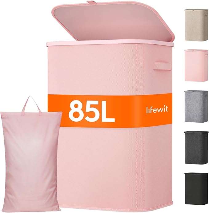 Lifewit 85L Large Laundry Basket with Lid, Laundry Hamper with Plastic Handles and Removable Bag, Foldable Tall Dirty Clothes Hampers for Laundry for Laundry Room, Bedroom, Bathroom, Dorm, Pink