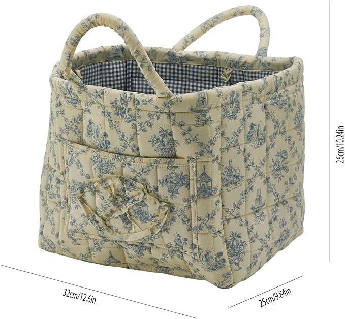 Quilted Fabric Storage Basket with Handles & Pocket, Foldable Laundry Hamper Boho Floral Print Organizer Bin for Home, Picnic, Office 12"x10"x10" (B-3)