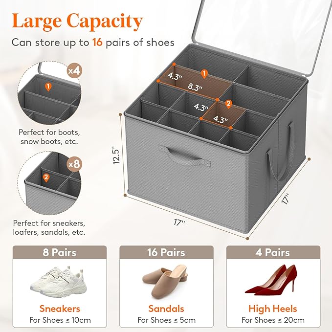 Lifewit Shoe Storage Organizer for Closet, Fabric Large Shoe Box Storage Containers with Clear Cover, Foldable Bins for Boots Heels Sneakers Fits 36-48 Pairs (Each 12-16 Pairs) 3 Pack Light Gray