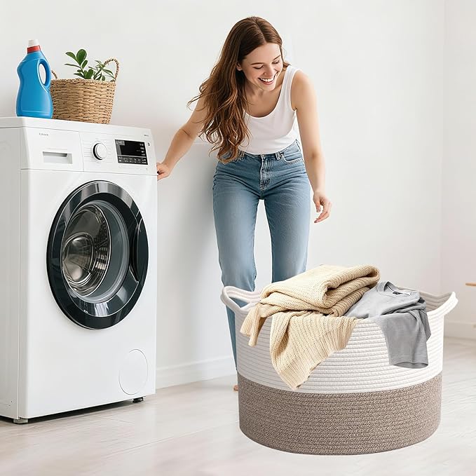 115L Large Blanket Basket,23.6" L x 23.6" W x 15.7" H Rope Woven Baskets with Handles, Toys Storage Bins,Laundry Basket Perfect for Living Room, Nursery,Bedroom,Home Organization,White&Brown