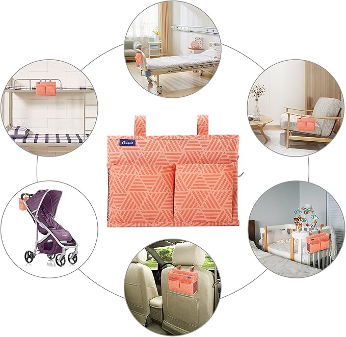 Surblue Bedside Caddy Hanging Bed Organizer Storage Bag Pocket for Bunk and Hospital Beds, College Dorm Rooms Baby Bed Rails,Camp Chiars，Wheelchair Side Bag，4 Pockets and 2 Hooks (Orange Plaid)