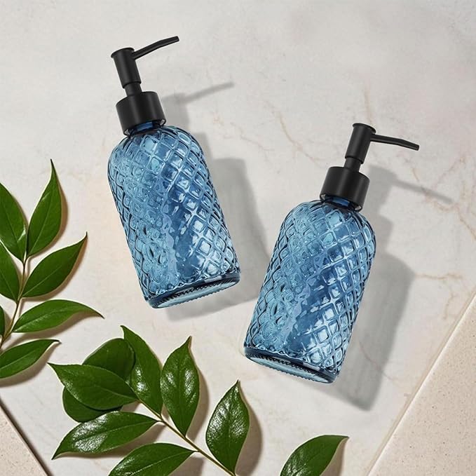 2 Pack Gem Glass Soap Dispenser with Black Plastic Pump, 13oz Liquid Hand Soap Dispenser, Rustproof Pump for Kitchen & Bathroom, Great for Lotions, Essential Oil, Liquid Soaps-Blue