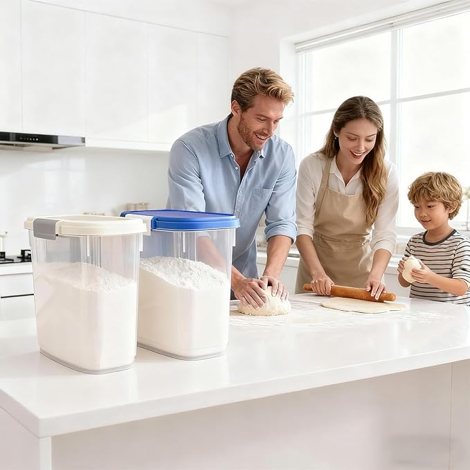 Large Rice Storage Container 20 Lbs - Tall Flour Container with Scoop + Cup - Slim Dry Food Storage Bin for Cereal, Sugar, Beans, Pet Dog Cat Food Container - Kitchen and Pantry Storage Organization