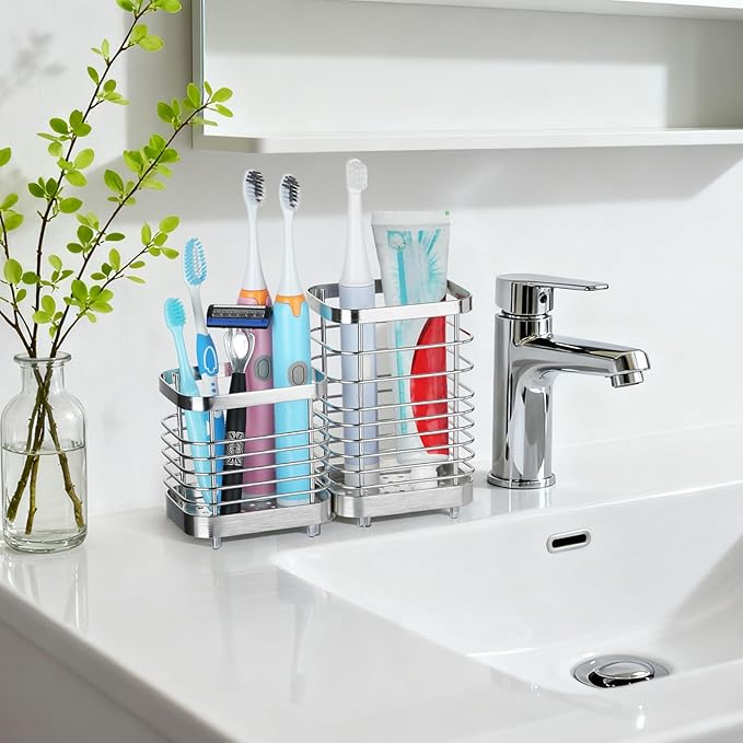 MYITYARD Toothbrush Holder for Bathroom, Stainless Steel Ventilated Electric Toothbrush & Toothpaste Holder, Modern Metal Bathroom Toothbrush Organizer, Bathroom Accessories, 2 compartments