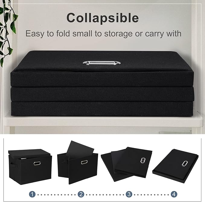 Graciadeco Large 17" 36 Quart Collapsible Stackable Storage Bins with Lids, 5 Packs Black Linen Fabric Closet Boxes with Lids, Storage Cube Baskets Container Organizers for Bedroom Office(17 x12 x11)