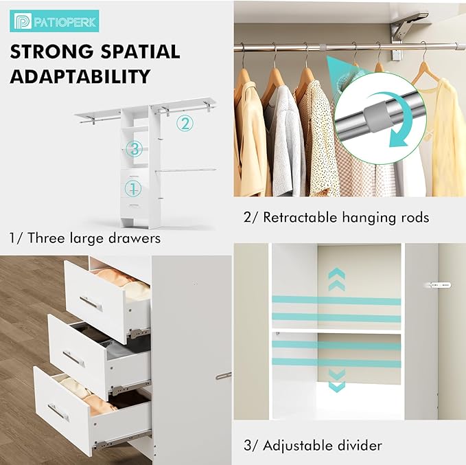 Walk in Closet Organizer System - with 3 Extendable Hanging Rods, Built-in Garment Rack with 6 Shelves, Wall Mounted Clothes Organizers Storage Systems for Bedroom