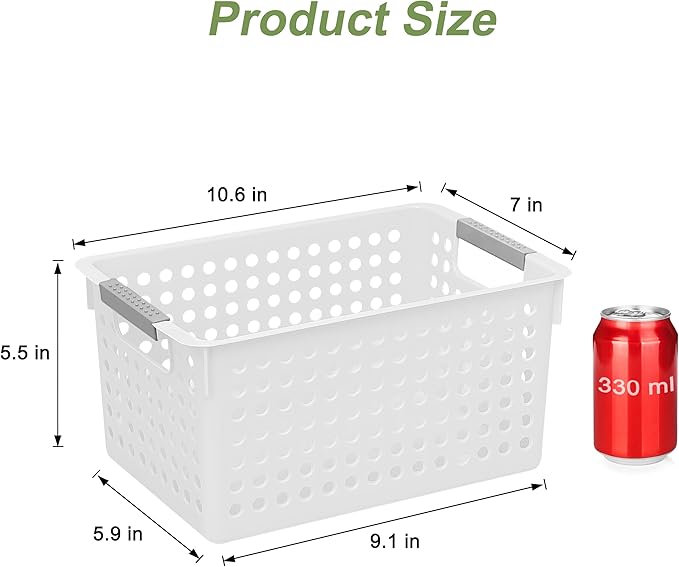 Soddeph 4 Pack Plastic Storage Basket with Handles, Small Deep Organizer Bin with Hollow Design for Under Counter, Shelf, Closet, Kitchen or Bathroom (White, Small)