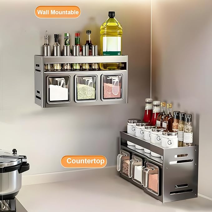Kitchen Spice Rack, Kitchen Organizer and Storage Rack with 3 Spoons, Spice Organization for Cabinets Punch-free Wall/Countertop Home Decor Multifunctional Double Layer 3 Grid Condiment Rack, Gray