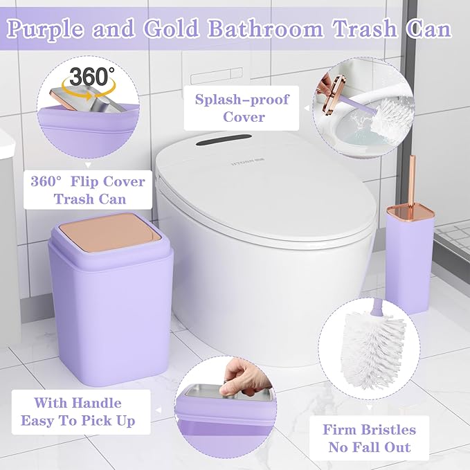 9-Piece Bathroom Accessories Set, Purple Bathroom Accessories Sets Complete with Trash Can,Tray,Soap Dispenser,Toothbrush Holder,Toothbrush Cup,Soap Dish,Toilet Brush and Q-tip Holders