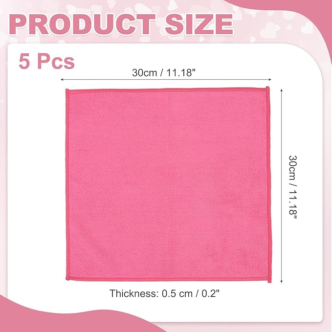 uxcell 5 Pcs Microfiber Cleaning Cloth, Kitchen Towels Reusable Microfiber Towels Highly Absorbent for Household Cleaning Supplies, Kitchen, Bathroom, Pink(Square), 11.8" X11.8