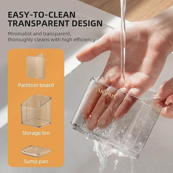 Minimalist Sponge Holder for Kitchen Sink, 3 Slots Sink Caddy with Removable Divider and Drip Tray, Clear PET Countertop Organizer to Free up Kitchen Sink Space