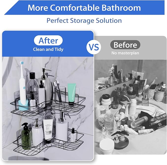 Moonlit Pond Corner Shower Caddy, 2 Pack Adhesive Shower Corner Organizer Shelves, No Drilling Stainless Steel Shower Storage Rack for Bathroom, Dorm and Kitchen, Black