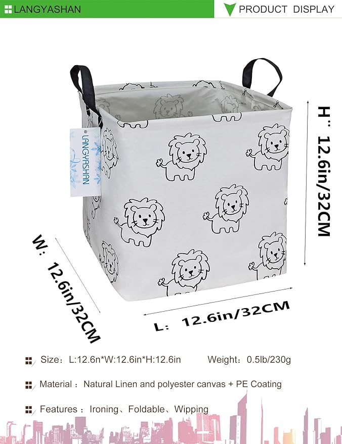 LANGYASHAN Square Storage Baskets Waterproof Canvas Children Laundry Nursery Hamper for Shelves Gift Baskets Toy Organizer Room Decor(Lion)