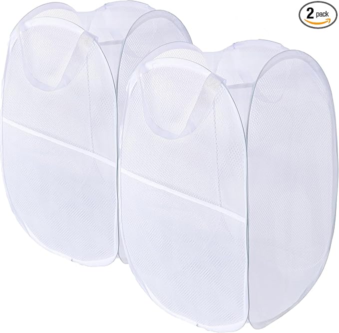 Foldable Mesh Popup Laundry Hamper,Laundry Basket Easy to Open and Fold for Dorm,Travel, College Dorms, and More (2 white)