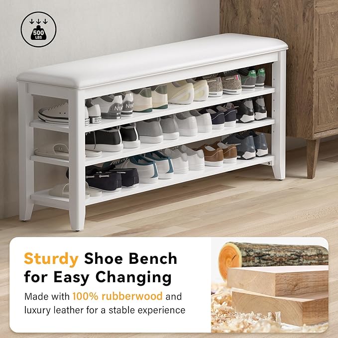 Taitiy Shoe Bench Storage Rubberwood with Leather Cushion for Entryway Bench Ideal for Hallways Shoe Rack Front Doors Entrances Mudrooms Featuring 3 Height-Adjustable and Removable Shelves