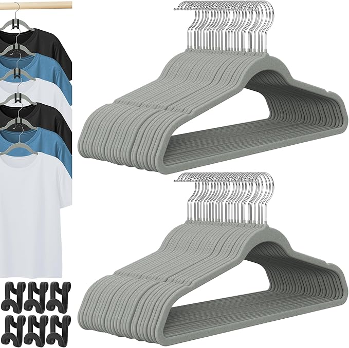Velvet Hangers 50 Pack, Felt Hangers Clothes Coat Hanger Velvet with 360° Swivel Hook Slim Space Saving Non Slip Heavy Duty for Closet Organizer Pants Shorts Suits Shirt Clothing, Dove Grey