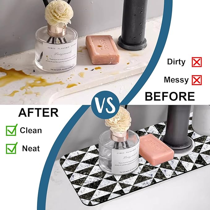 Granite Floor Tiles Sink Faucet Absorbing Mat Mosaic Texture Super Absorbent Fast Drying Mat Sink Gadgets Behind Faucet Sinkmat for Kitchen Bathroom, 15.5"x5.5"