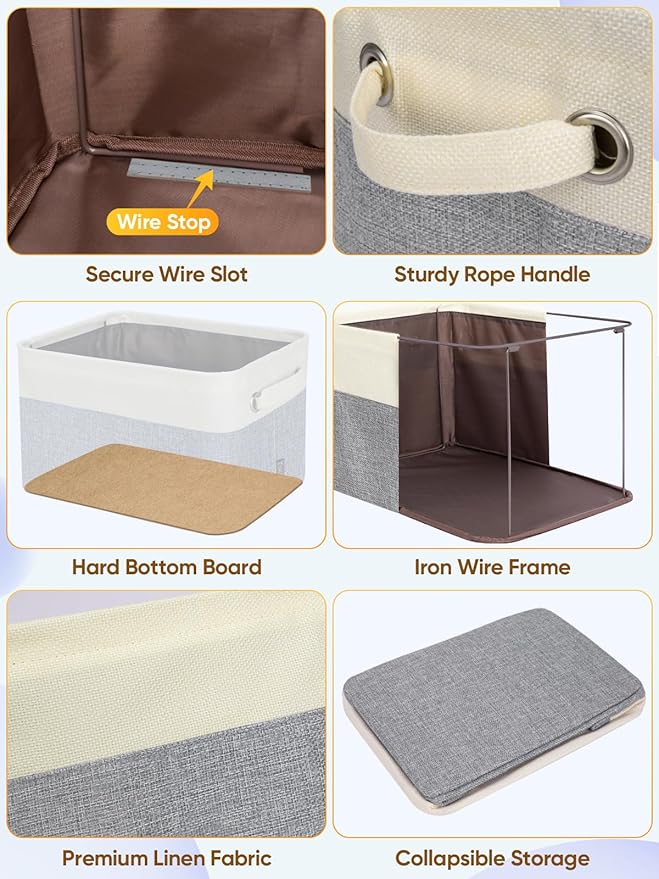 BALEINE 4 Pack Fabric Storage Bins for Shelves, Linen Storage Baskets for Organizing, Decorative Closet Bins for Clothes, Home (Grey, 15"x11"x9.5")