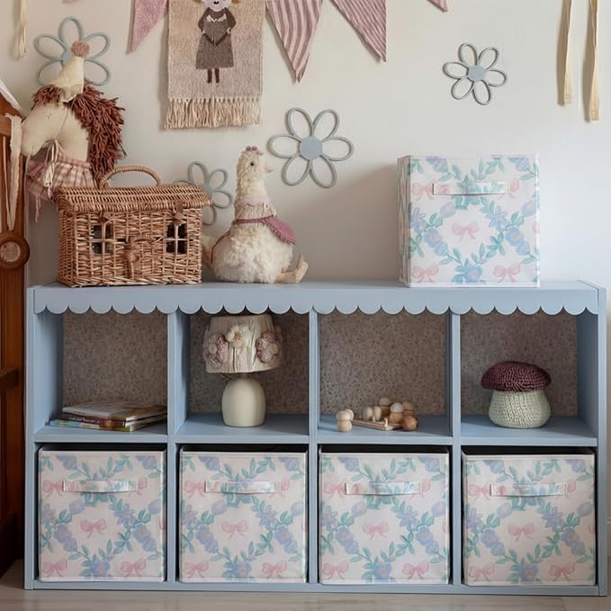 Geelin 6 Pcs Blue Floral Bow Cube Storage Bins 11 Inch Blue Flower Storage Basket with Handle, Preppy Girls Organizer Basket, Collapsible Fabric Box for Classroom Bedrooms Office Home Decoration Gift