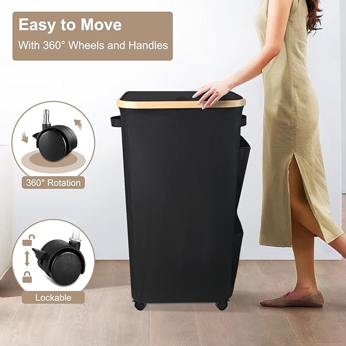 100L Large Laundry Hamper with Lid Wheels, Rolling Laundry Basket with Removable Bag Side Pockets, Heavy-Duty Laundry Room Organization and Storage for Dorm Small Spaces (Black)