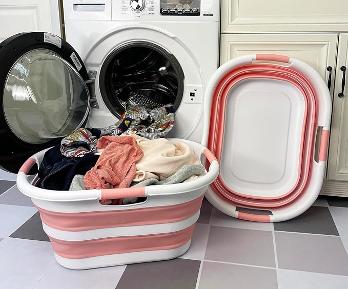 SAMMART 40L (10.5 gallon) Set of 2 Collapsible Plastic Laundry Hamper - Foldable Pop Up Storage Container/Organizer - Portable Washing Tub - Space Saving Basket (2, White/Quartz Pink)
