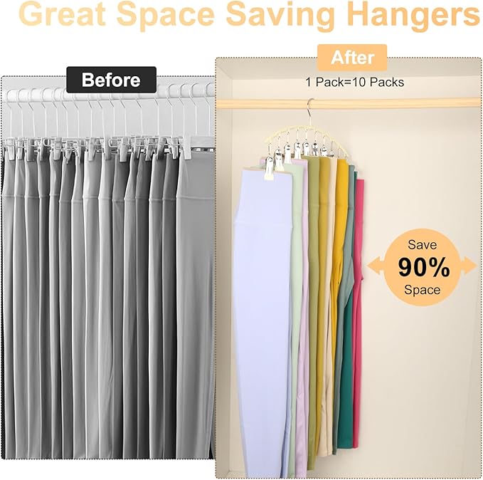 Legging Organizer for Closet, Metal Yoga Pants Hangers 4 Pack w/10 Clips Holds 40 Leggings, Space Saving Hanging Closet Organizer w/Rubber Coated Closet Organizers and Storage, Ivory