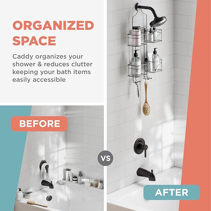 Zenna Home Modern Bronze Expandable Rust-Resistant Over-the-Shower Caddy, 4 Load, Hanging Mount, Wall Mount, 10.25"D x 16"W x 24.75"H, Bronze
