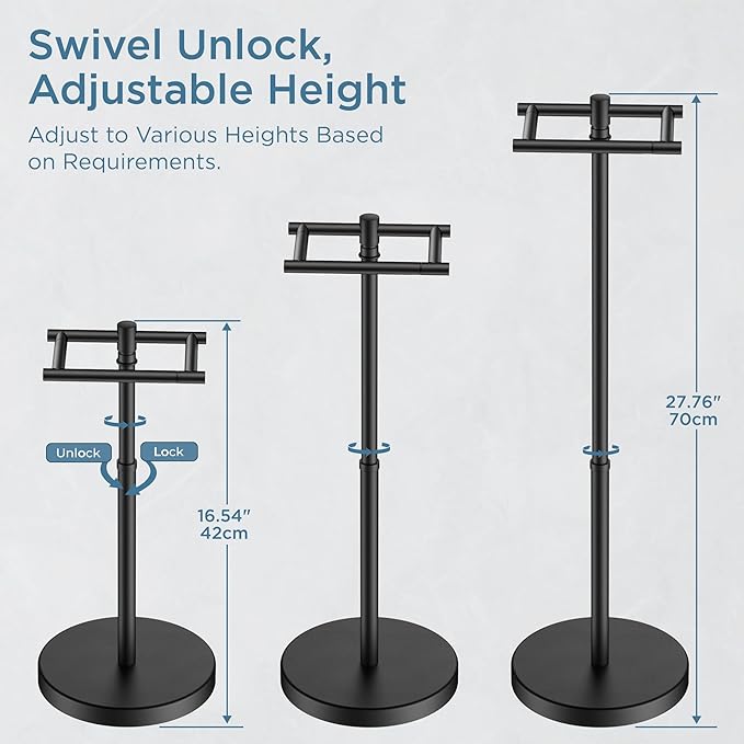 Toilet Paper Holder Stand Adjustable, Freestanding Tissue Roll Holder for Bathroom, Pivoting Design, Durable SUS 304 Stainless Steel and Weighted Base Toilet Paper Stand, Storage, Matte Black