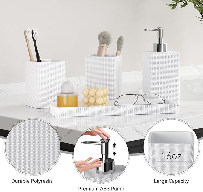 Resin White Bathroom Set, White Bathroom Accessories Set with Shower Curtain, Bath Towel Set, Natural Loofah Sponge, Soap Dispenser, Toothbrush Holder, Bathroom Tumbler and Tray for Bathroom