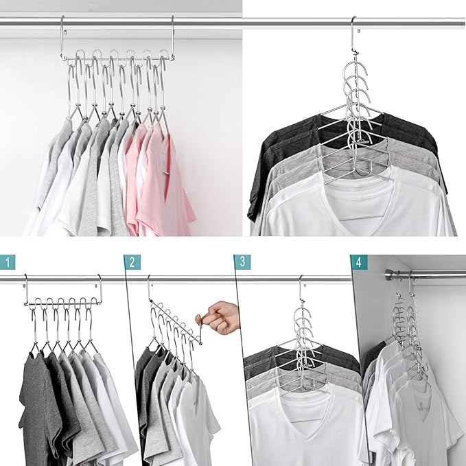 KLEVERISE 12 Pack Metal Space Saving Hangers, Stainless Steel Hangers, Magic Cascading Closet Clothing Hanger Organizer, College Dorm Essentials