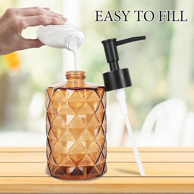 Brown Glass Soap Dispenser, 11 Oz/330ml Liquid Hand Soap Dispenser Set for Kitchen Sink and Bathroom, Dish Lotion Dispenser Set, Diamond Lotion Bottles with Black Pump&Funnel