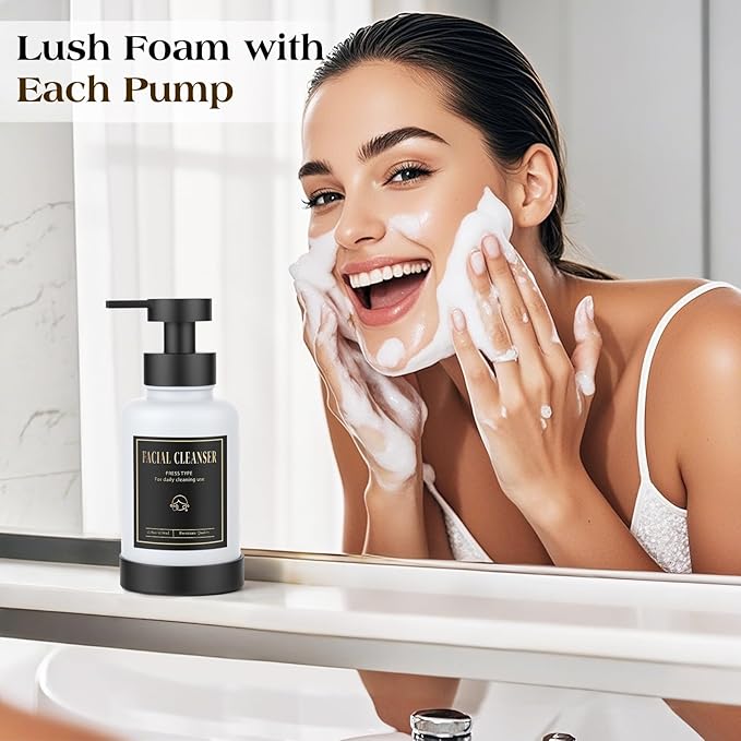 Luxspire Foaming Soap Dispenser, Glass Foam Pump Soap Dispenser, Non-Slip Silicone Sleeve & 5 Waterproof Labels, 15 Oz Refillable Liquid Bottle for Bathroom & Kitchen, Black+White, 2 Pack