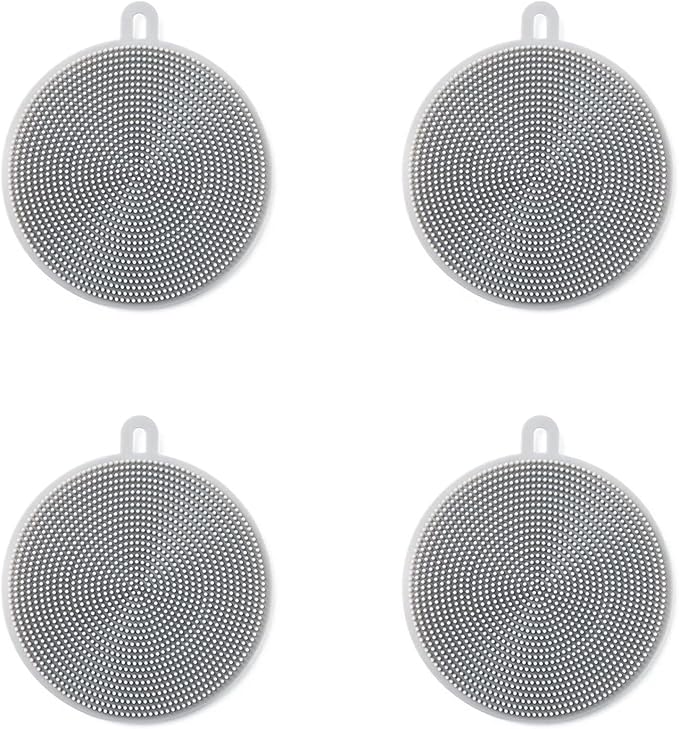 4PCS Silicone Dish Scrubber, Multipurpose Round Silicone Sponges Reusable Dish Brush Dish Brush for Kitchen Dish Dishes Fruits Vegetables(Gray)