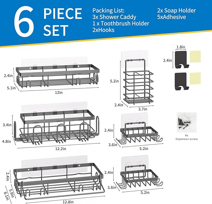 Shower Caddy 9 Pack,Adhesive Organizer for Bathroom Decor Accessories & Kitchen Storage,No Drilling,Large Capacity,Rustproof Stainless Steel Organizer,Home Decor Shelves (Grey 9 Pack)