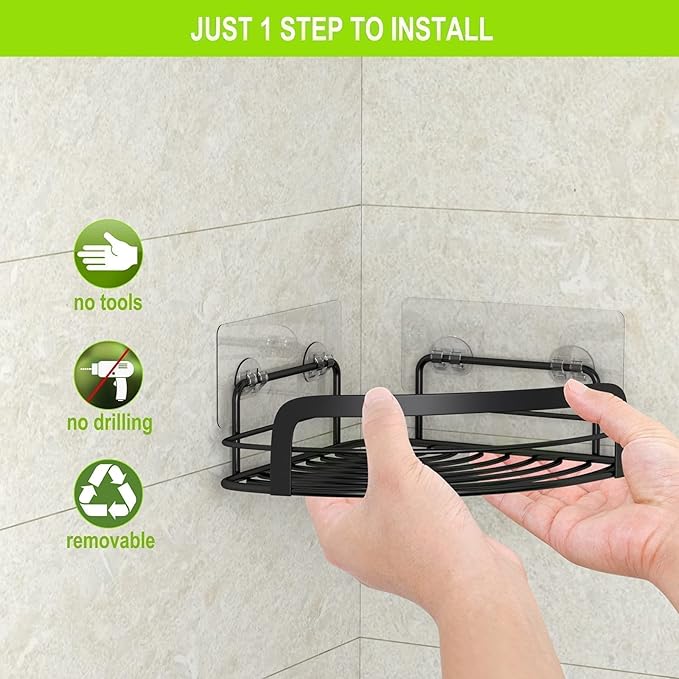 STEUGO Black Bathroom Corner Shower Shelfs, Adhesive Wall Mounted Shower Caddy with 4 Movable Hooks, Rustproof Stainless Steel Bathroom Shower Organizer, No Drilling Wall Mount 2-Pack