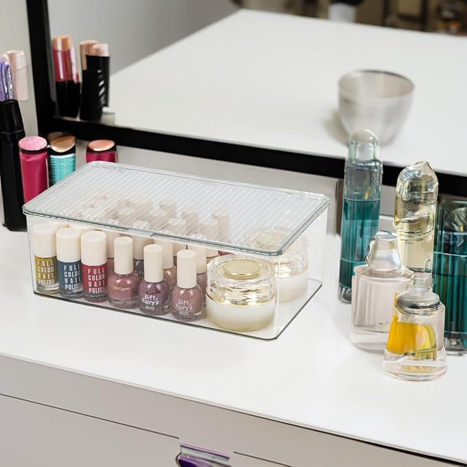 Clear Plastic Storage Bin with Lid, Makeuo Holder, Fridge Organizer, Refrigerator Organizers and Storage, Small Container for Pantry, Office, Dresser, Bathroom, Kitchen, Snack