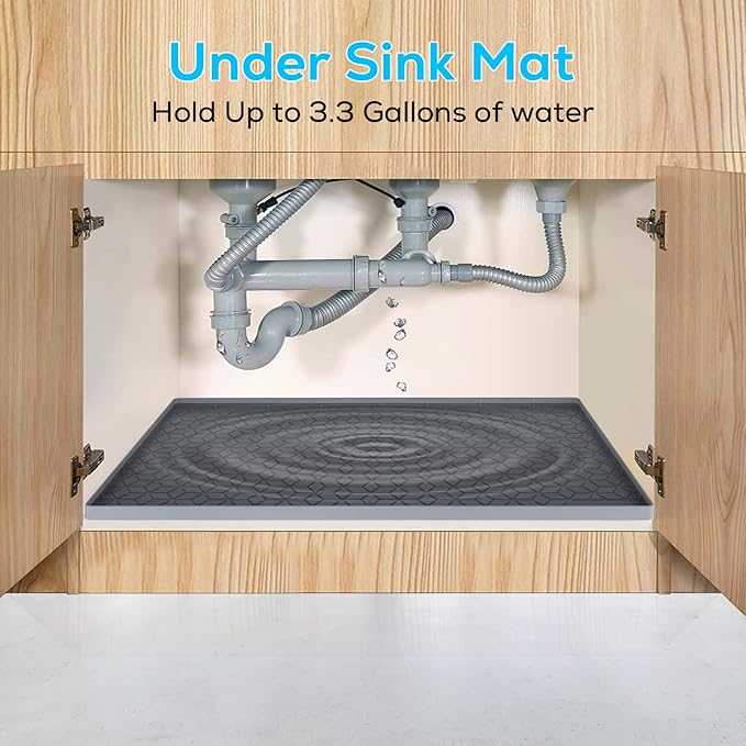 Under Sink Mat, 19"x22" Under Sink Mats for Kitchen, Silicone Waterproof Under Sink Liner, Sink Cabinet Organizer Tray with Drain Hole (Gray, 19X22)