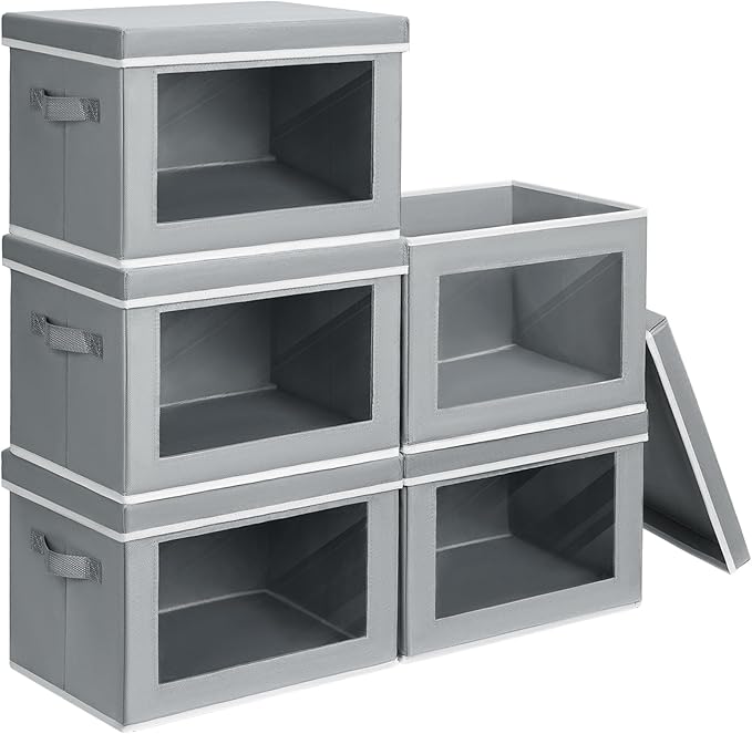 Stackable Storage Bins with Lids - Large Decorative Basket with Lids, Fabric Foldable Closet Organizer Bins, Shelf Organizer for Living Room, Dorm, 5 Pack, Grey