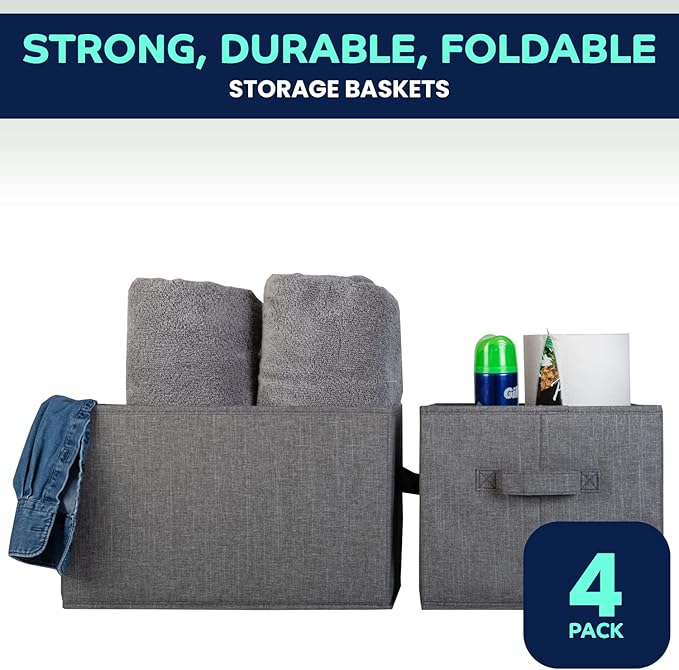 Pomatree Storage Baskets - 4 Pack - Sturdy Large Fabric Bins | Foldable Organizing Basket Bin for Home, Nursery, Closet & Shelves Organization | Storage Basket Cube Shelf Organizer (Grey)