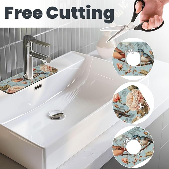 Faucet Draining Mat For Kitchen Sink, Blue Birds Peonies Flowers Diatom Mud Absorbent Drain Pad For Bathroom Kitchen Sink Splash Guard Drying Mat