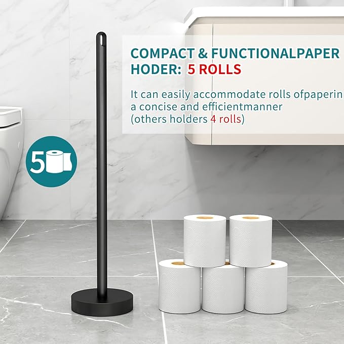 Toilet Paper Holder Stand, Free Standing Tissue Paper Roll Storage Holder with Reserve for Bathroom Countertop with Stainless Steel Heavy Weighted, 1Pack Matte Black