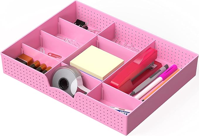 Simple Houseware Drawer Organizer Tray with 9 Adjustable Compartments, Pink