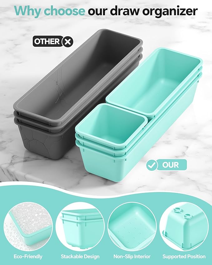 13 Pack Plastic Drawer Organizers Set, 3 Sizes Desk Drawer Organizer Trays for Vanity and Makeup Organizer, Organization and Storage for Makeup, Kitchen Utensils, Bathroom and Office(Blue)