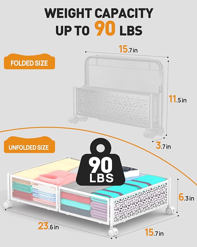 Under Bed Storage With Wheels - 60L Foldable Pattern Carved Metal Container, Rolling Underbed for Shoes, Clothes, Blankets - Easy Assembly